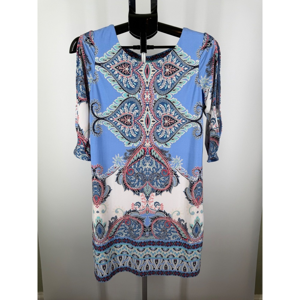 Roz & Ali Blue Paisley‎ Cold Shoulder Medallion Shift Dress Size 2